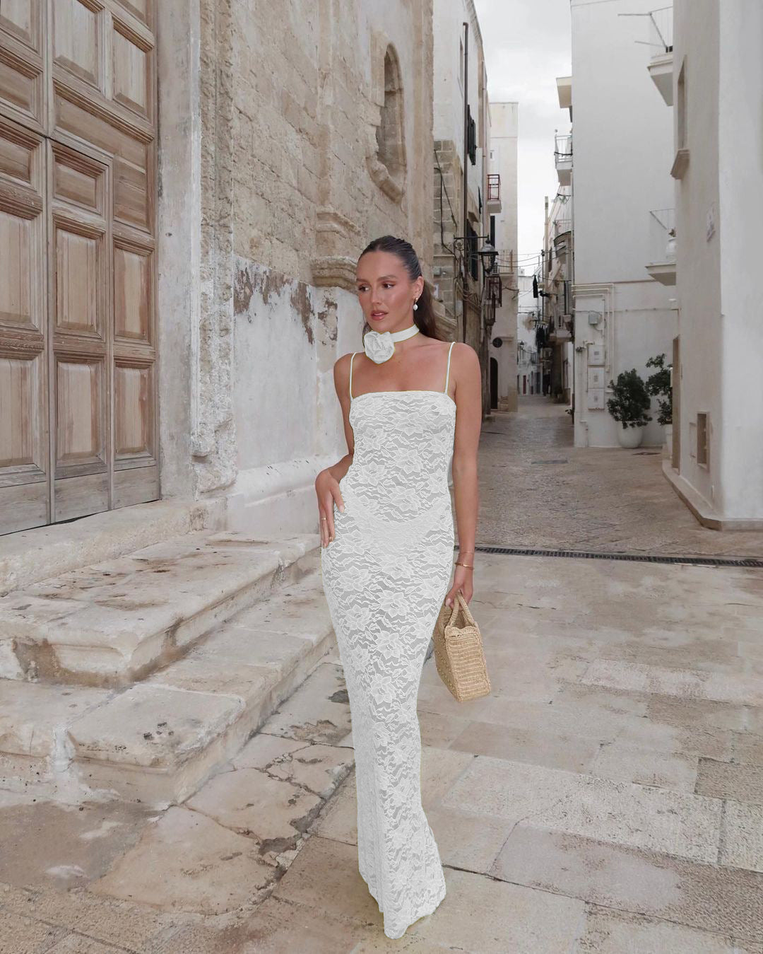 Lace Flower Collar Design Transparent Mesh Sleeveless Spaghetti Strap Formal Maxi Dress