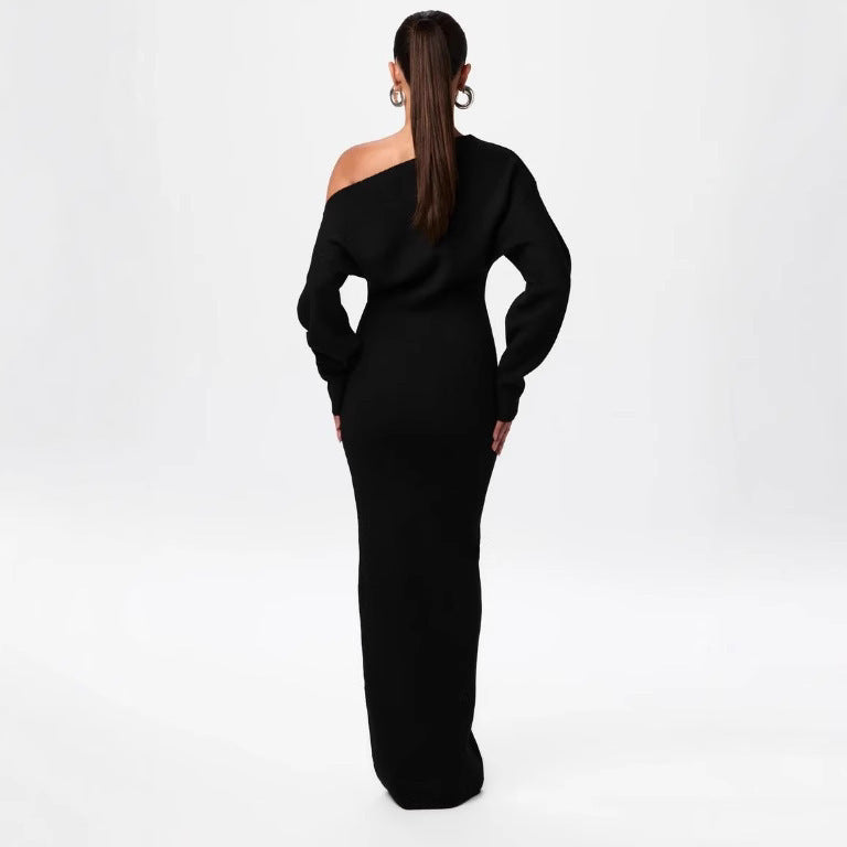 Knitted Skinny Fit Long Sleeve Off-the-Shoulder Solid Color Bodycon Maxi Dress