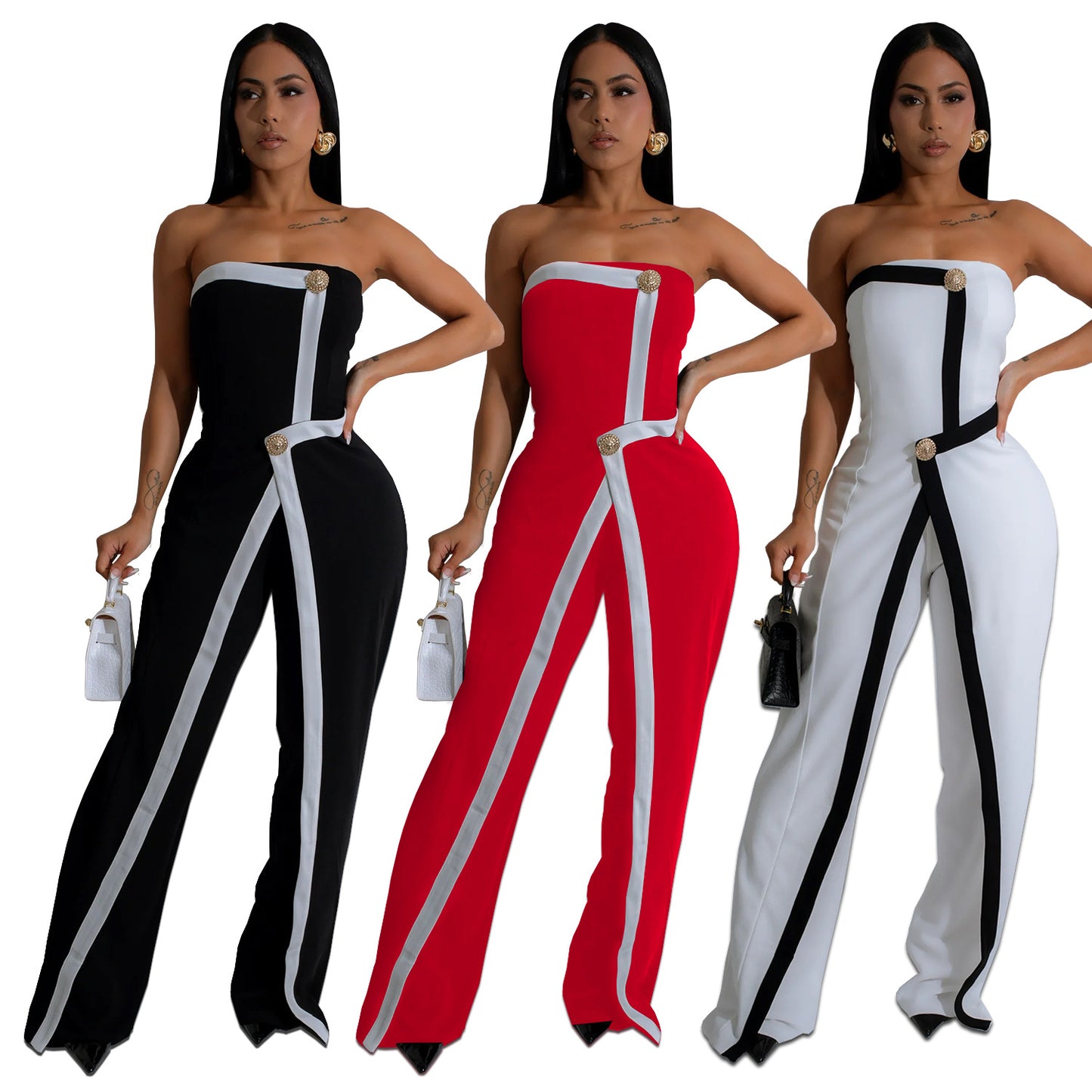 Fashion Women's Wear Sexy Tube Top Arm Covering Backless Button Jumpsuit
