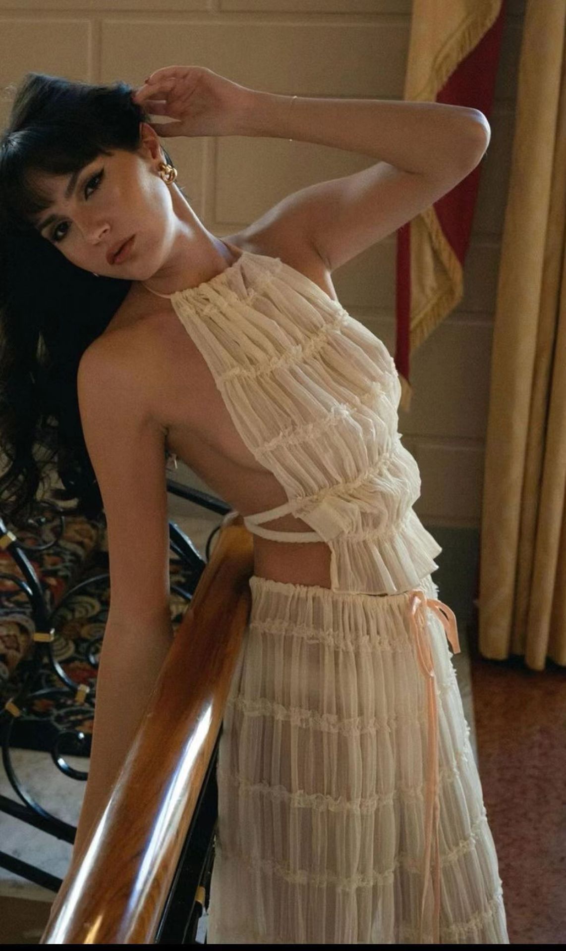 Sleeveless Backless Crop Halter Top + Pleated Tiered Maxi Skirt Beach 2-Piece Set