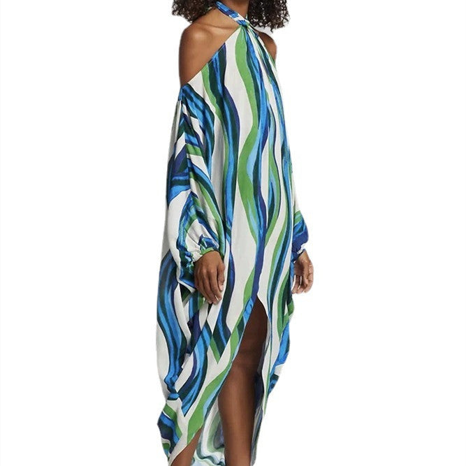 Open Shoulder Rainbow Striped Long Sleeve Loose Maxi Dress