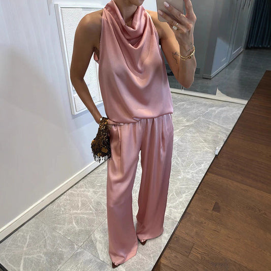 Satin Draped Women's Solid Color Sleeveless Vest + Pants 2-Piece Set