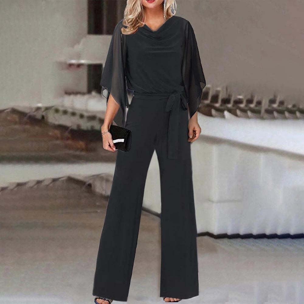 Sheer Long Sleeve Solid Color Women's High Waist Lace-Up Wide Leg Pants Jumpsuit to 3X Plus Size