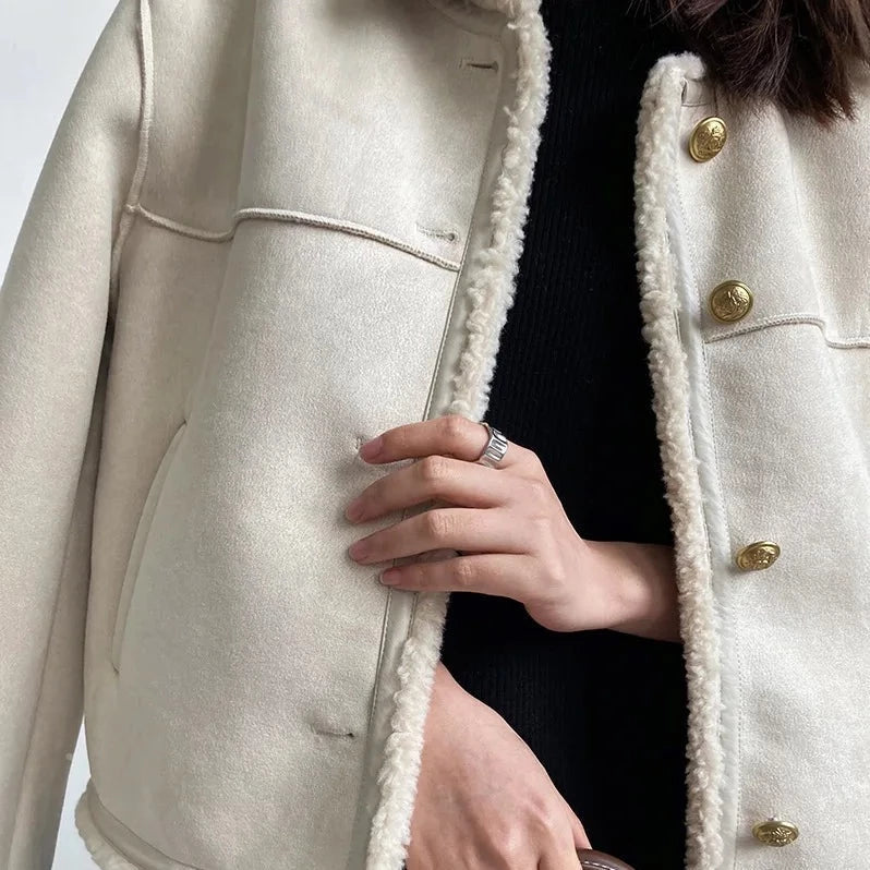 Lamb Faux Fur Plush Fleece Lined  Mandarin Collar Women's Button-Up Jacket