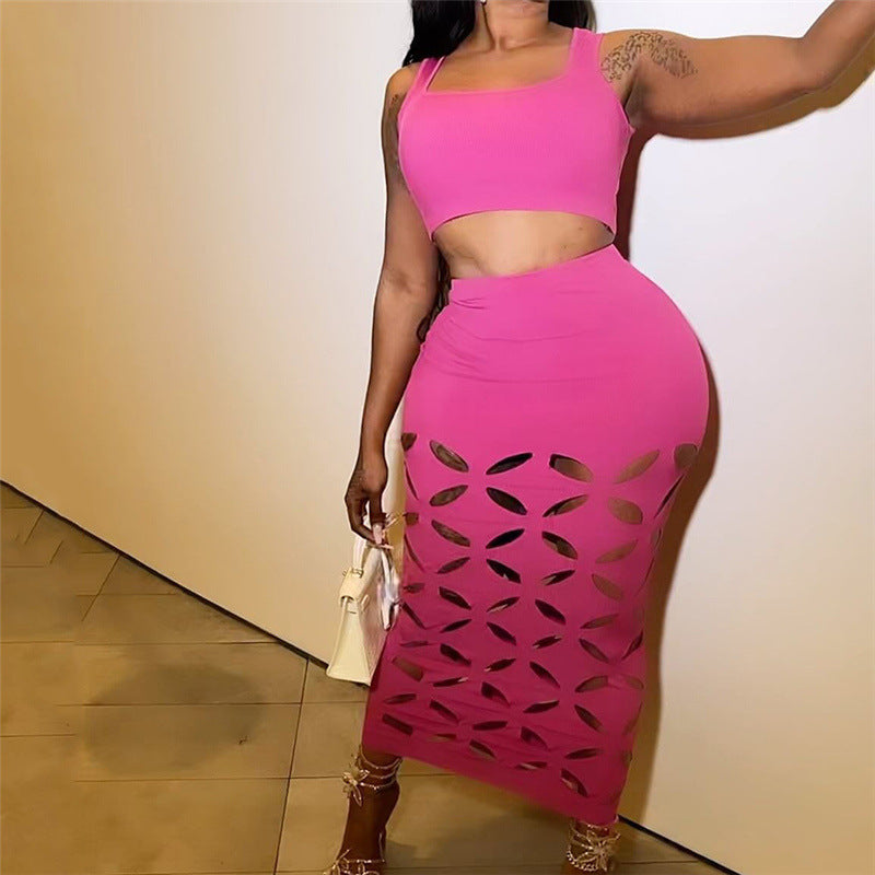 Sleeveless Black/Hot Pink Crop Top + Hollow-Out High Waist Maxi Skirt 2-Piece Set