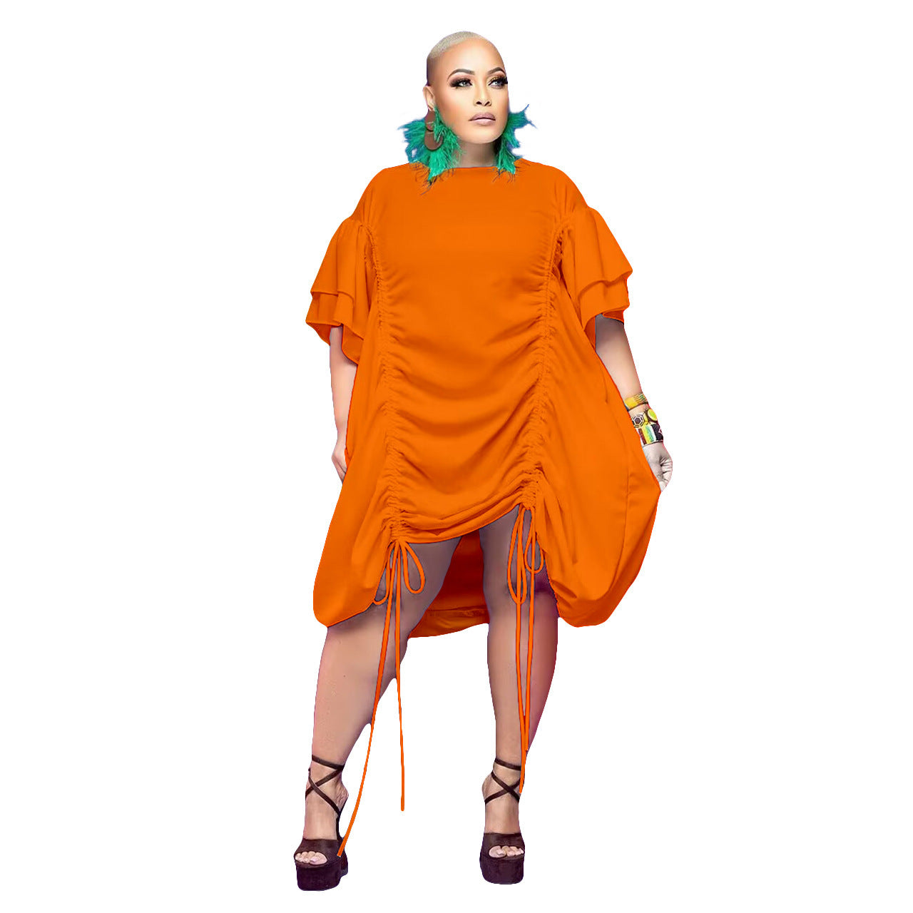 Oversized Ruched Double Short Sleeve Drawstring Midi Dress to 5X Plus Size