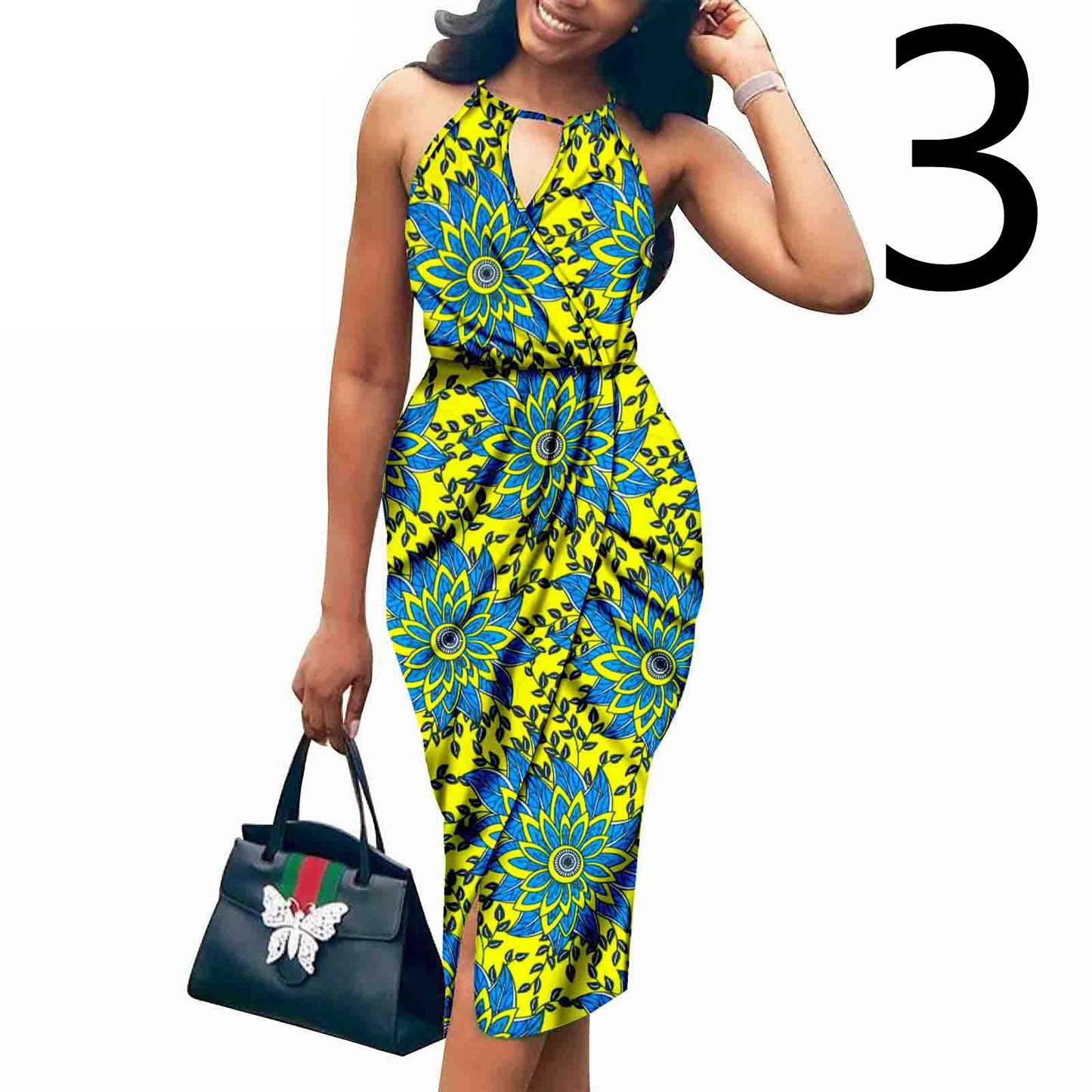 African Print Batik Cotton Sleeveless V-Neck Halter Strap Formal Party Dress to 3X Plus Size