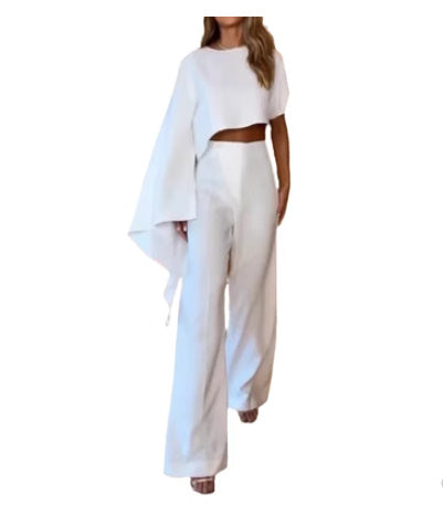 White Asymmetrical Women's One Sleeve Shirt + Pants 2-Piece Set
