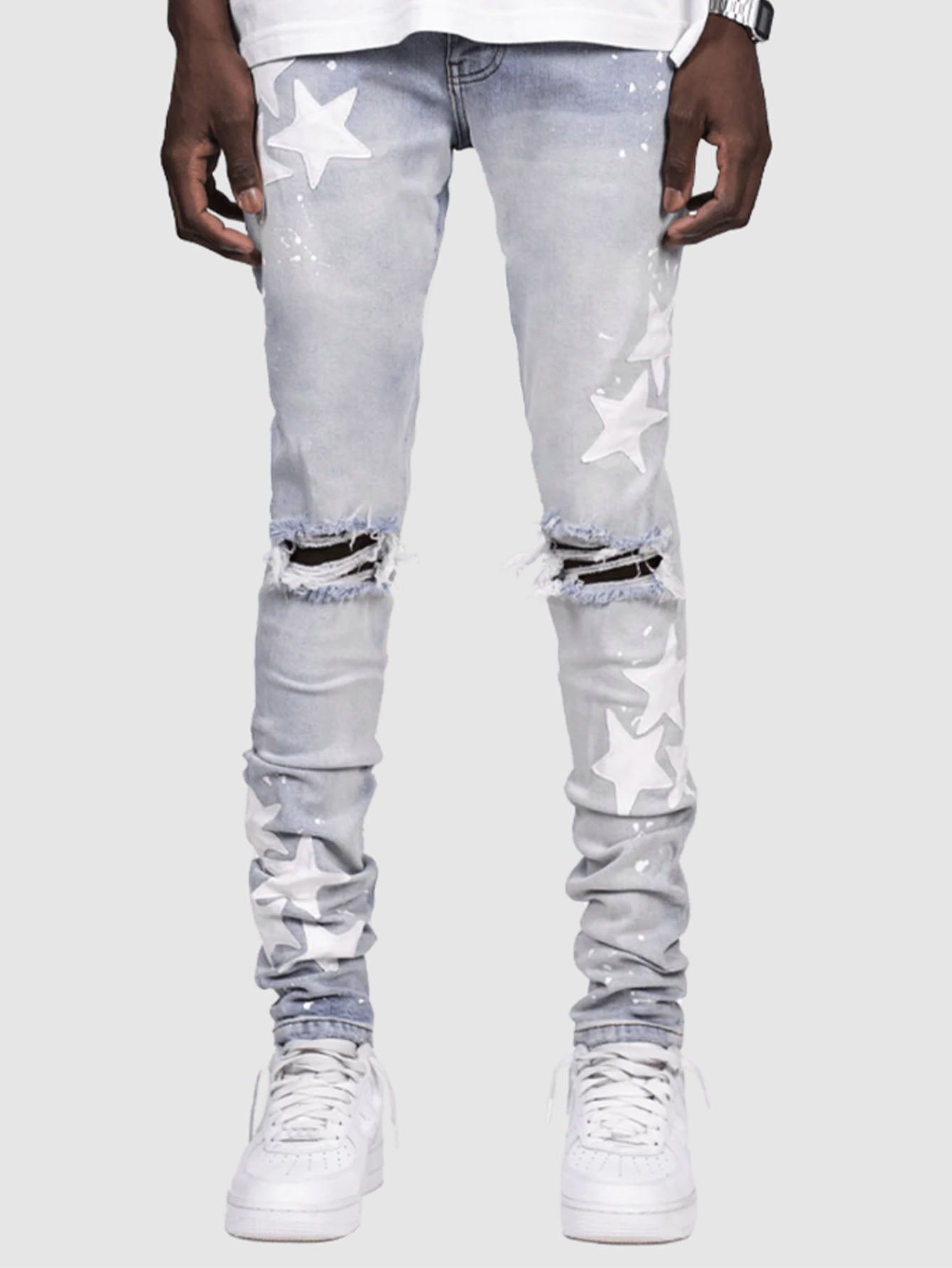 Men's Star Print Hip-Hop Denim Faded Ripped  Skinny Stretch Jeans