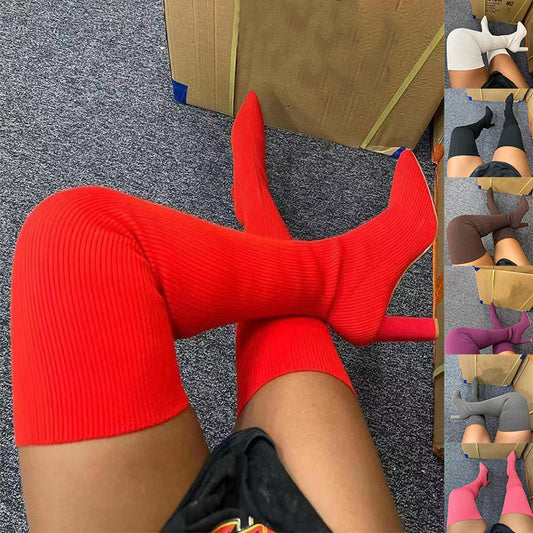 Knitted Ribbed Women's Over-the-Knee Pointed Toe High Heel Stretch Boots