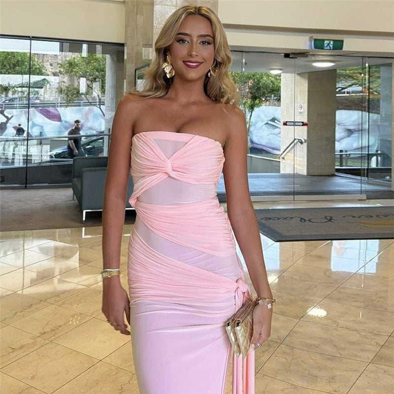 Soft Pink Sleeveless Sheer Transparent Criss-Cross Backless High Side Slit Solid Color Maxi Tube Dress