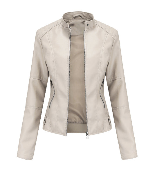 PU Leather Solid Color Stand Collar Women's Zipper Biker Jacket