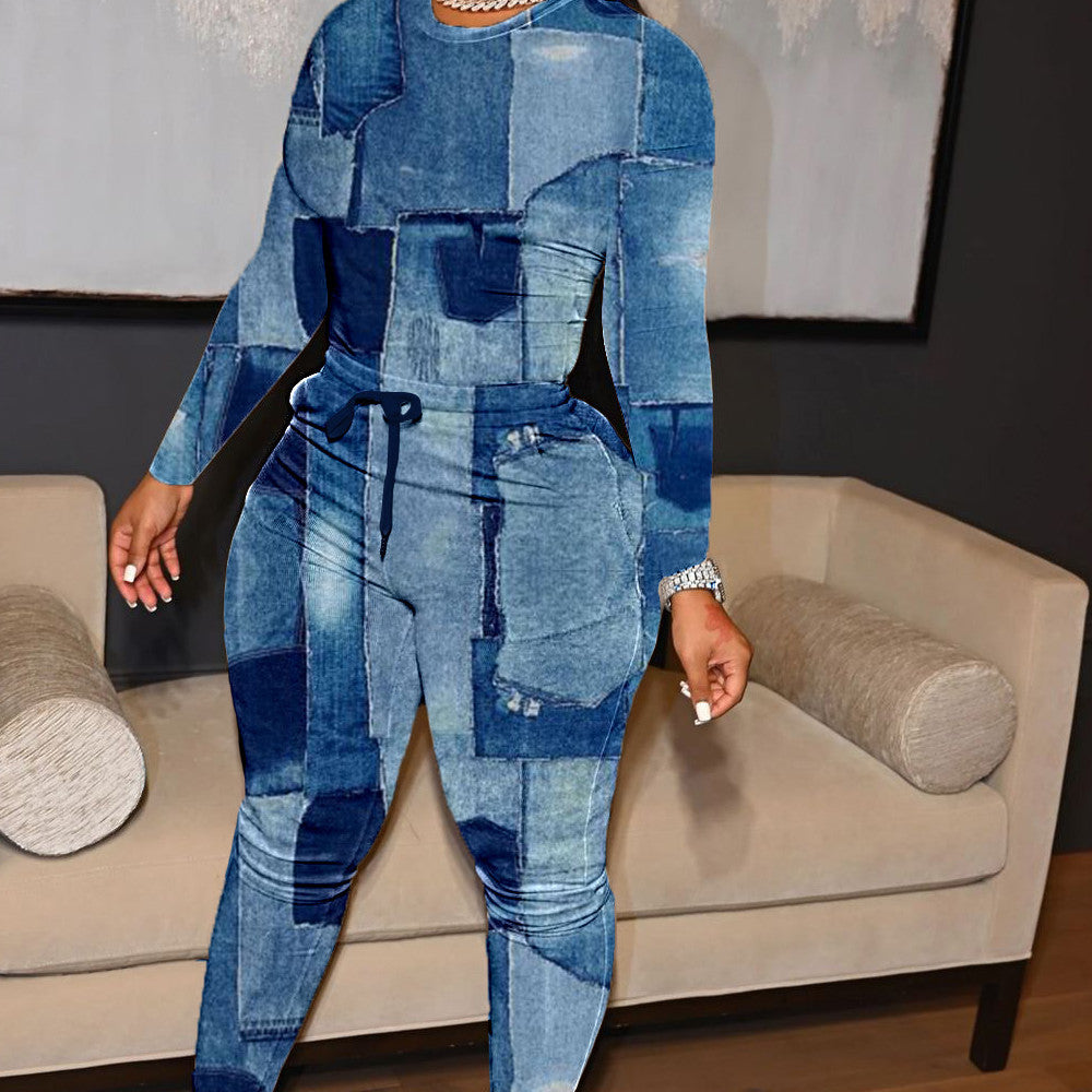 Mock Denim Print Colorblock Women's Long Sleeve Top + Leggings 2-Piece Set