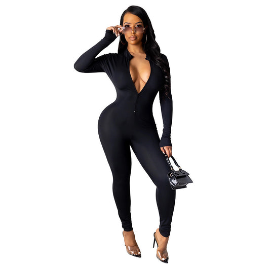 Fitness Workout Deep V-Neck Women's Long Sleeve Bodycon Solid Color Skin Tight Jumpsuit
