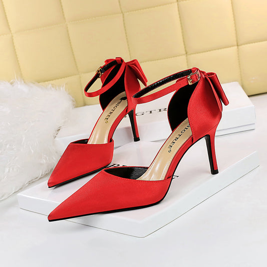 Satin Shallow Back Bowknot Design Pointed Toe Mule High Heel Pumps
