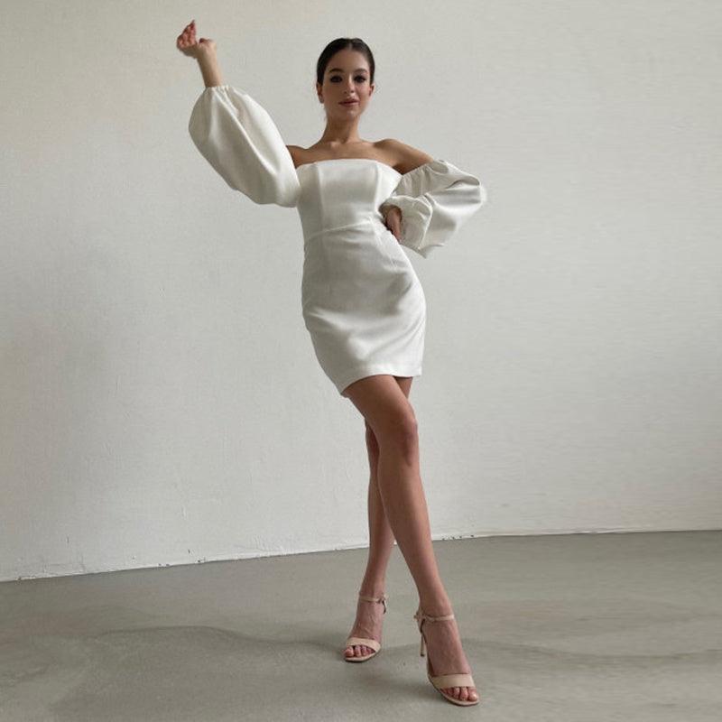 Off-the-Shoulder Ruched Puff Sleeve White Party Mini Dress