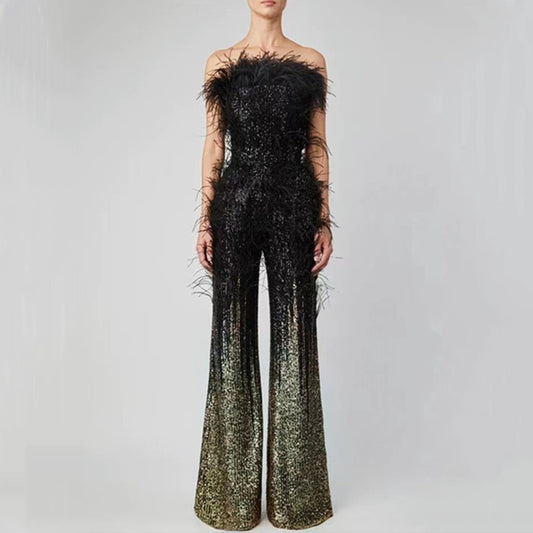 Ostrich Feather Sequin Sparkling Glitter Gradient Design Sleeveless Formal Women's Tube Top Jumpsuit