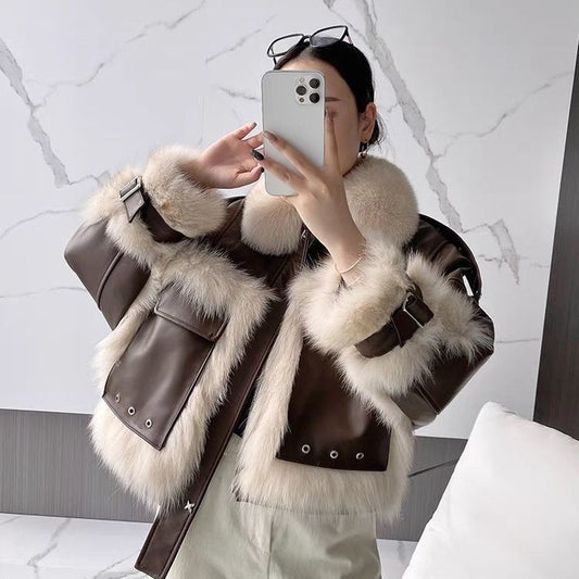 Vintage PU Leather Patchwork Colorblock Faux Fur Lined Stitched Women's Jacket