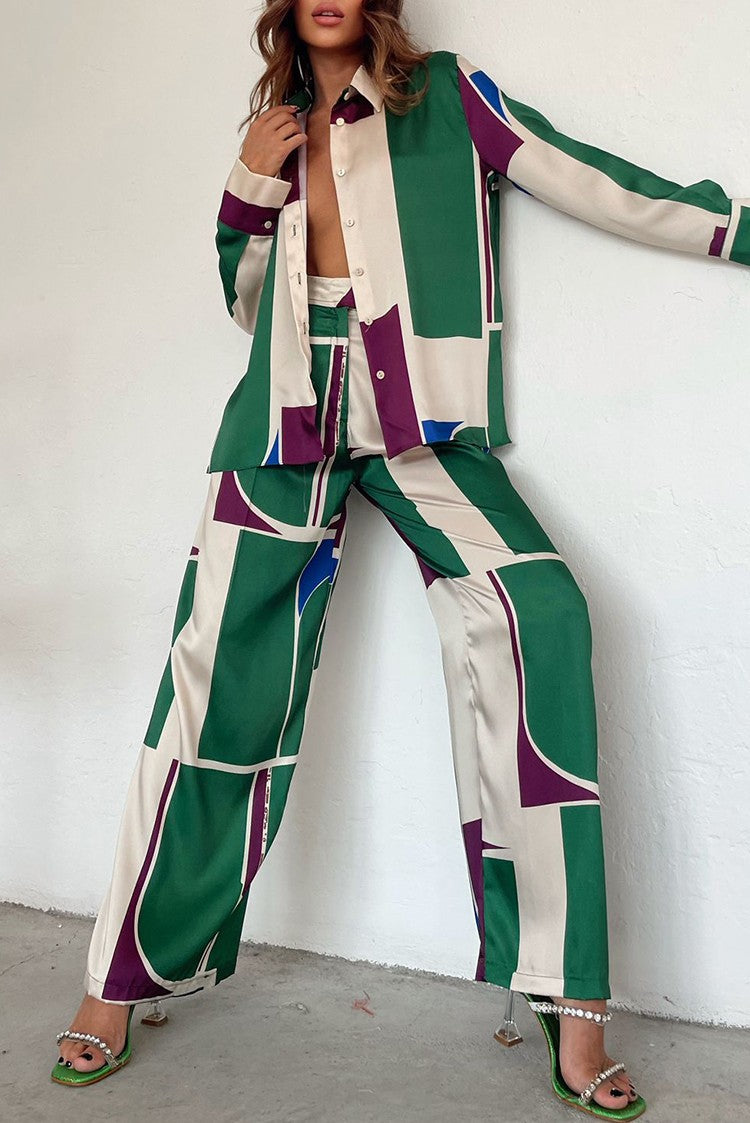 Geometric Multi-Colored Print Women's Turn-Down Collar Long Sleeve Blouse + Straight Leg Pants 2-Piece Set