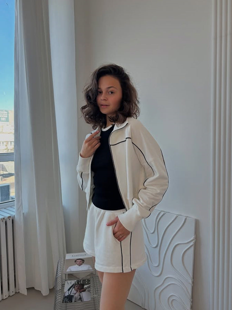 Striped Women's Zipper Sport Jacket + Elastic Shorts Two-Piece Set