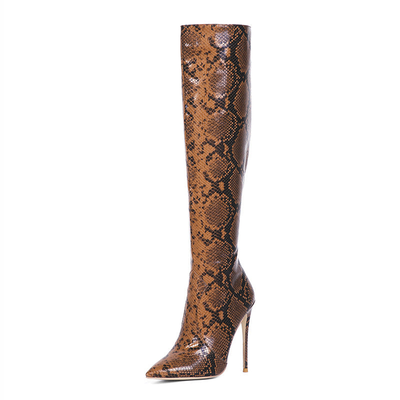 Snake Gradient Pattern Women's PU Leather Stiletto Heel Side Zipper Knee-High Boots