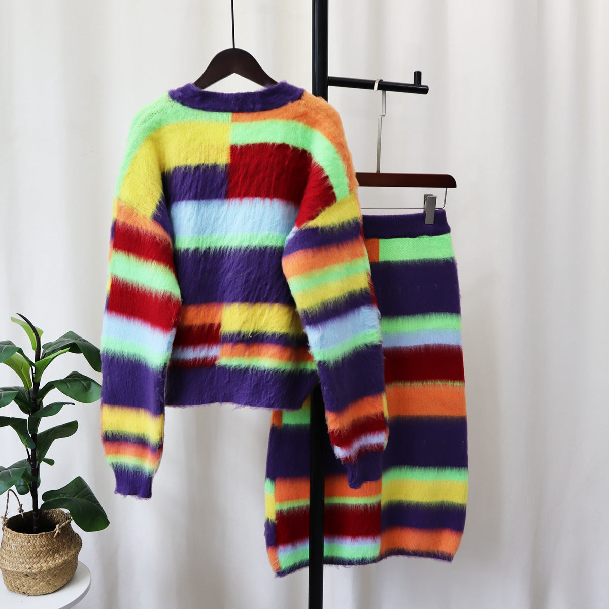 Rainbow Striped Fuzzy Knitted Women's Cardigan Sweater + Button-Up Maxi High Slit Skirt 2-Piece Set