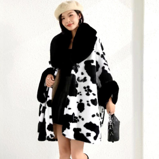 Oversized Faux Fur Collar Zebra/Cowhide/Leopard Print Black/White Women's Shawl Coat