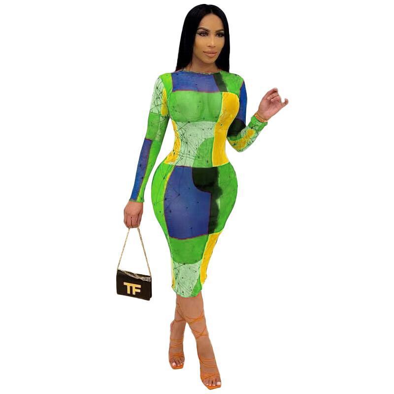 Geometric Colorblock Digital Print Long Sleeve Bodycon Midi Dress