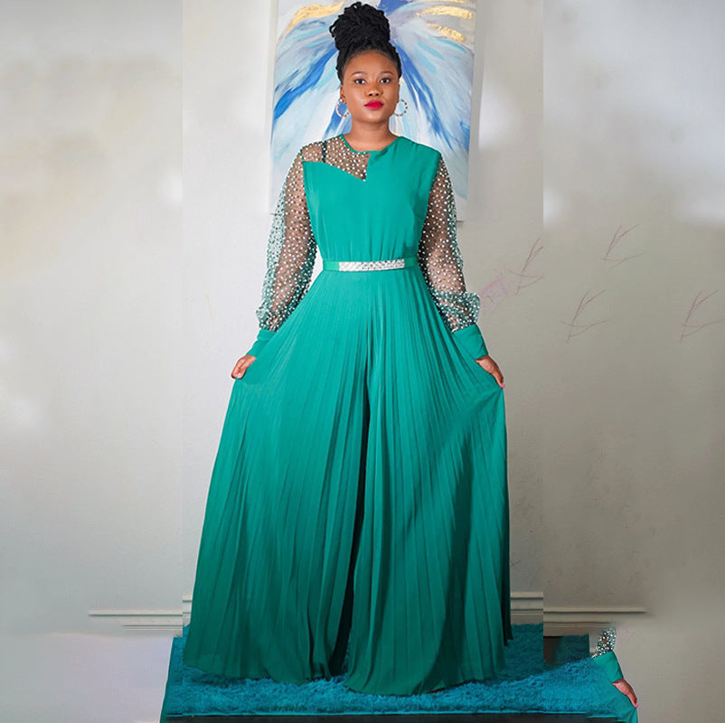 Pleated Sheer Pearl Embellished Transparent Wide Leg Pants Jumpsuit to 6X Plus Size