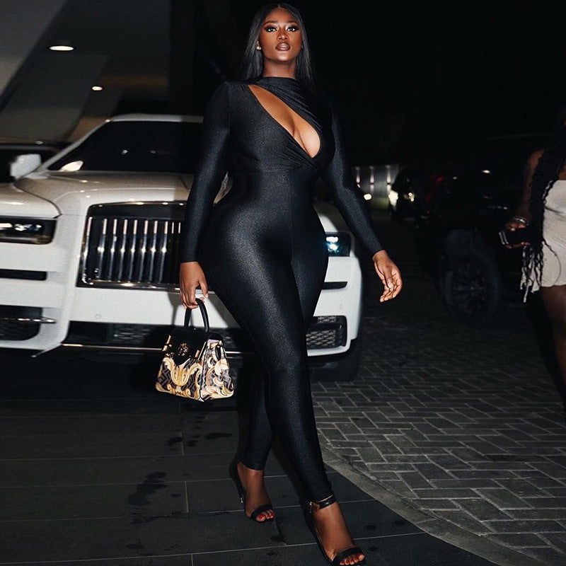 Black Cut-Out Design Long Sleeve Women's Skin Tight Jumpsuit