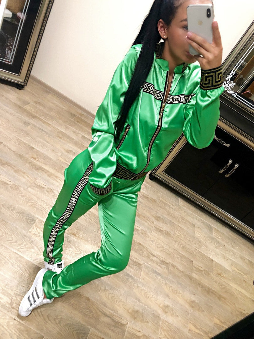 Satin Geometric Monogram Print O-Neck Women's Zipper Bomber Jacket + Sweatpants Tracksuit