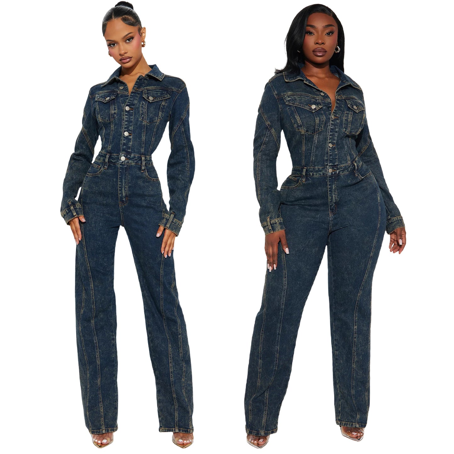 Denim Dark Blue Washed Long Sleeve Patchwork Turn-Down Collar Women's Jeans Jumpsuit