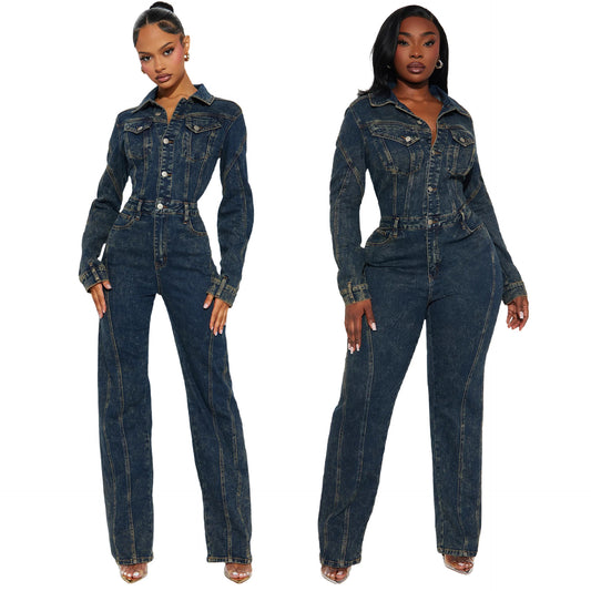 Denim Dark Blue Washed Long Sleeve Patchwork Turn-Down Collar Women's Jeans Jumpsuit