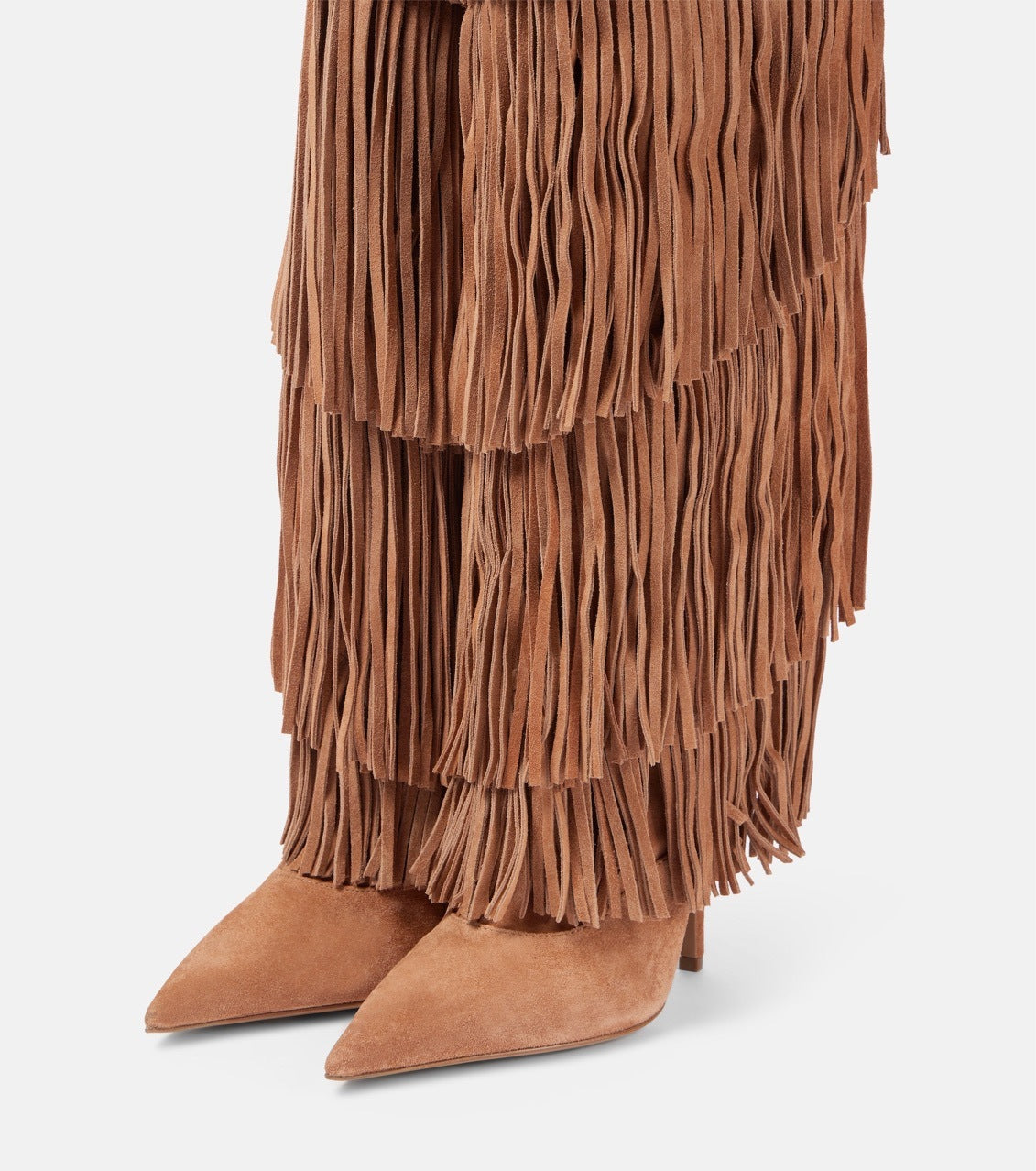 Suede Western Tassel Fringe Design Round Head Women's Streetwear Stiletto Heel Knee-High Boots