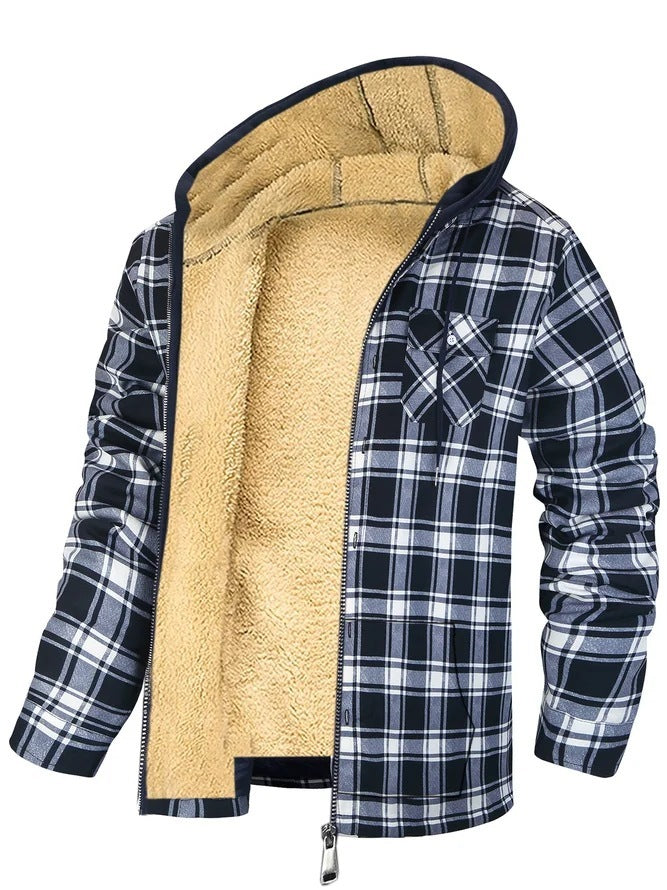 Men's Plaid Print Fleece Lined Hoodie Zipper Jacket