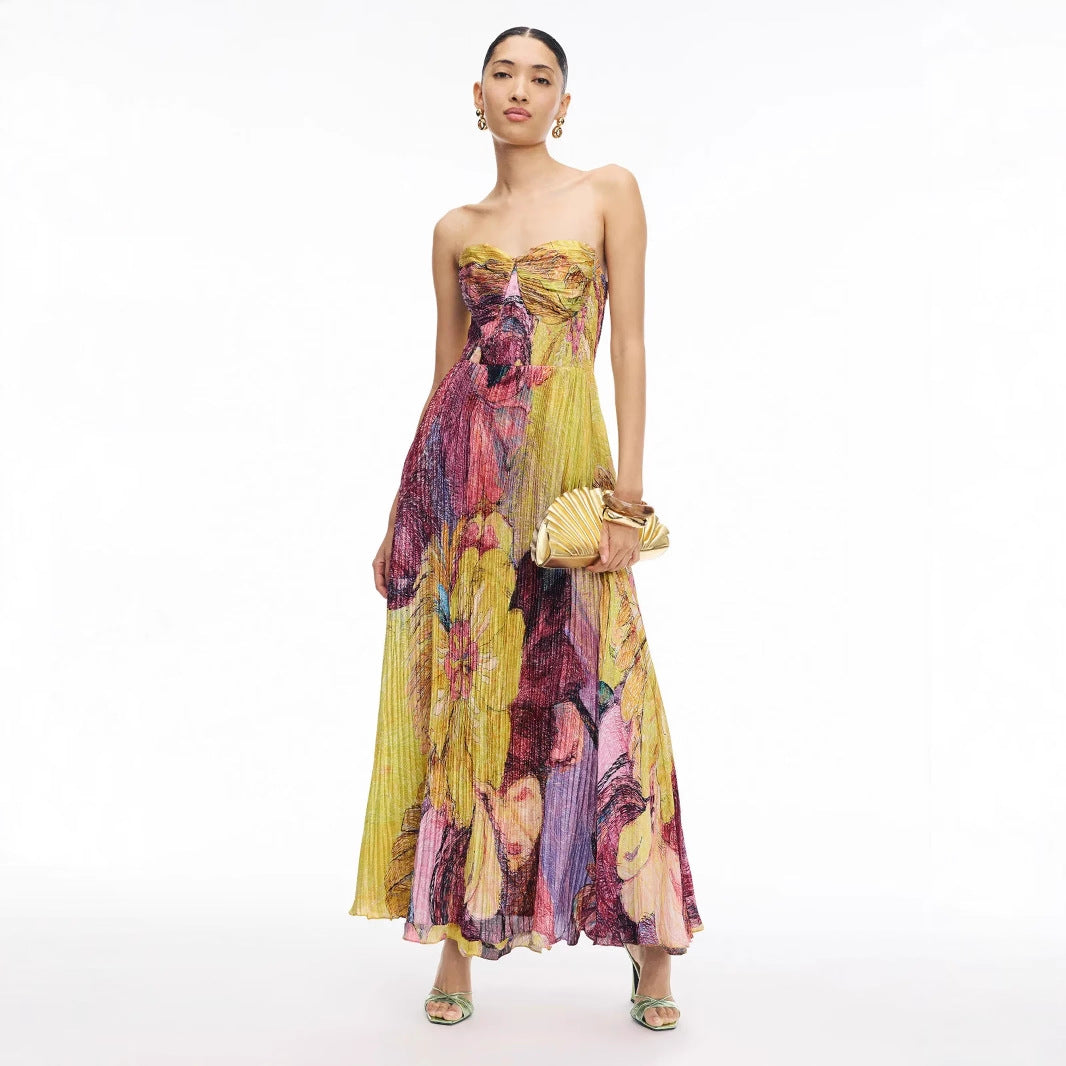 Sleeveless Yellow/Purple Flower Print Pleated Spaghetti Strap A- Line Maxi Party Dress