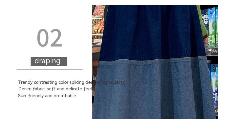 Retro Denim Blue Colorblock High Waist Maxi Jean Skirt to 4X Plus Size