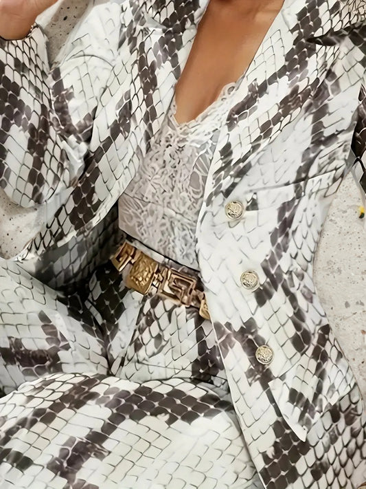 White Snakeskin Print Women's Blazer Jacket + Pants Suit