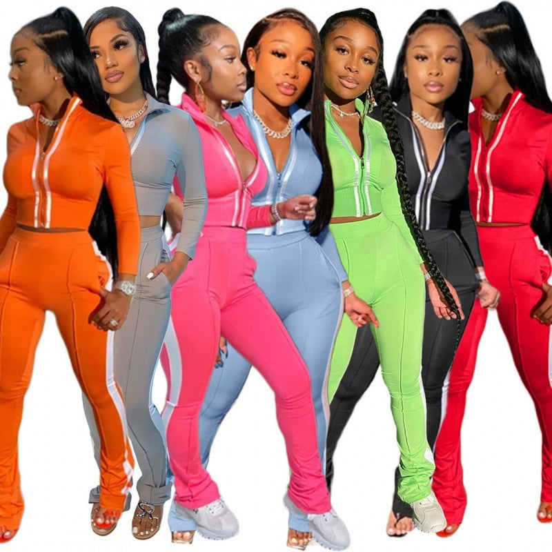 Skinny Side Striped Women's Zipper Sports Jacket + Skinny Sweatpants Tracksuit