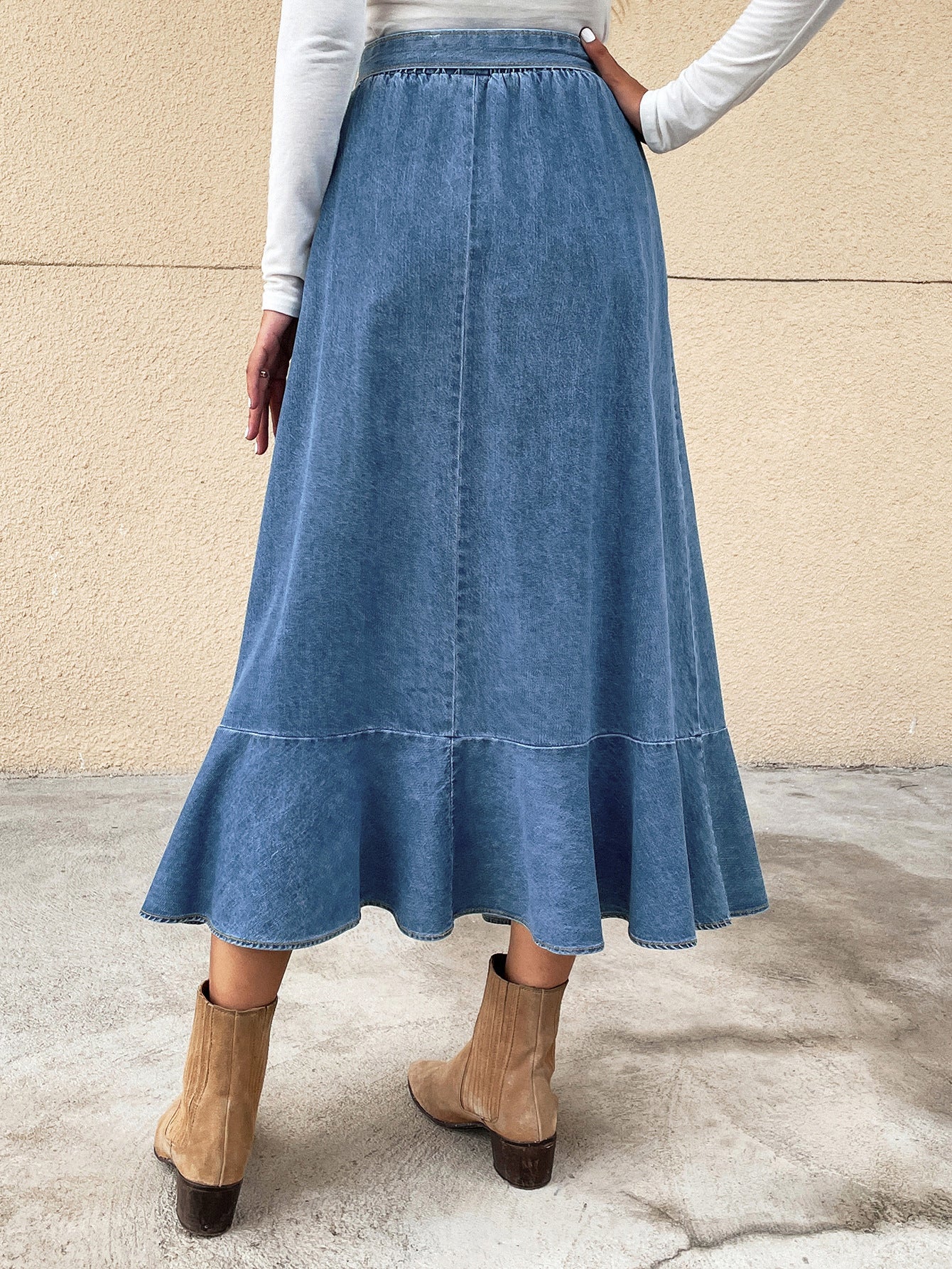Denim Blue Bowknot Sash Belted Maxi Jean Skirt