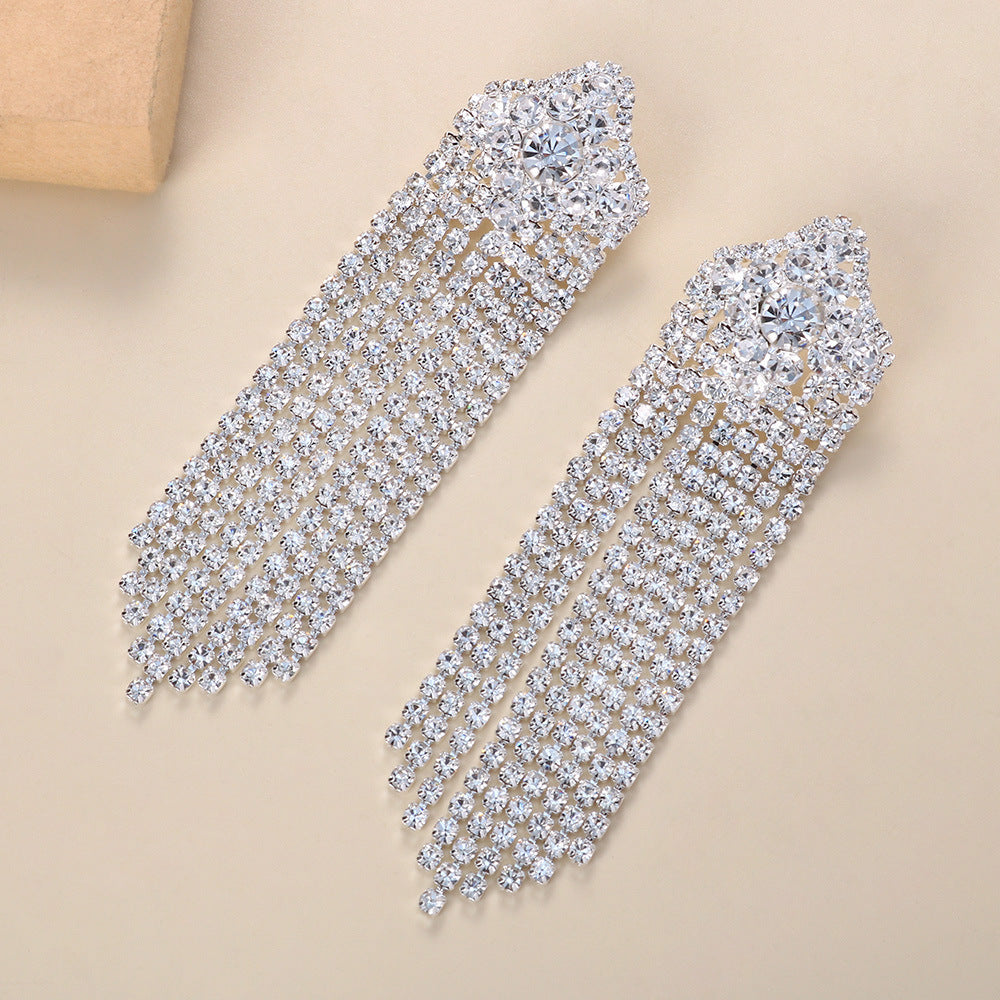 Oversized Rhinestone Sparkling Crystal Long Tassel Earrings