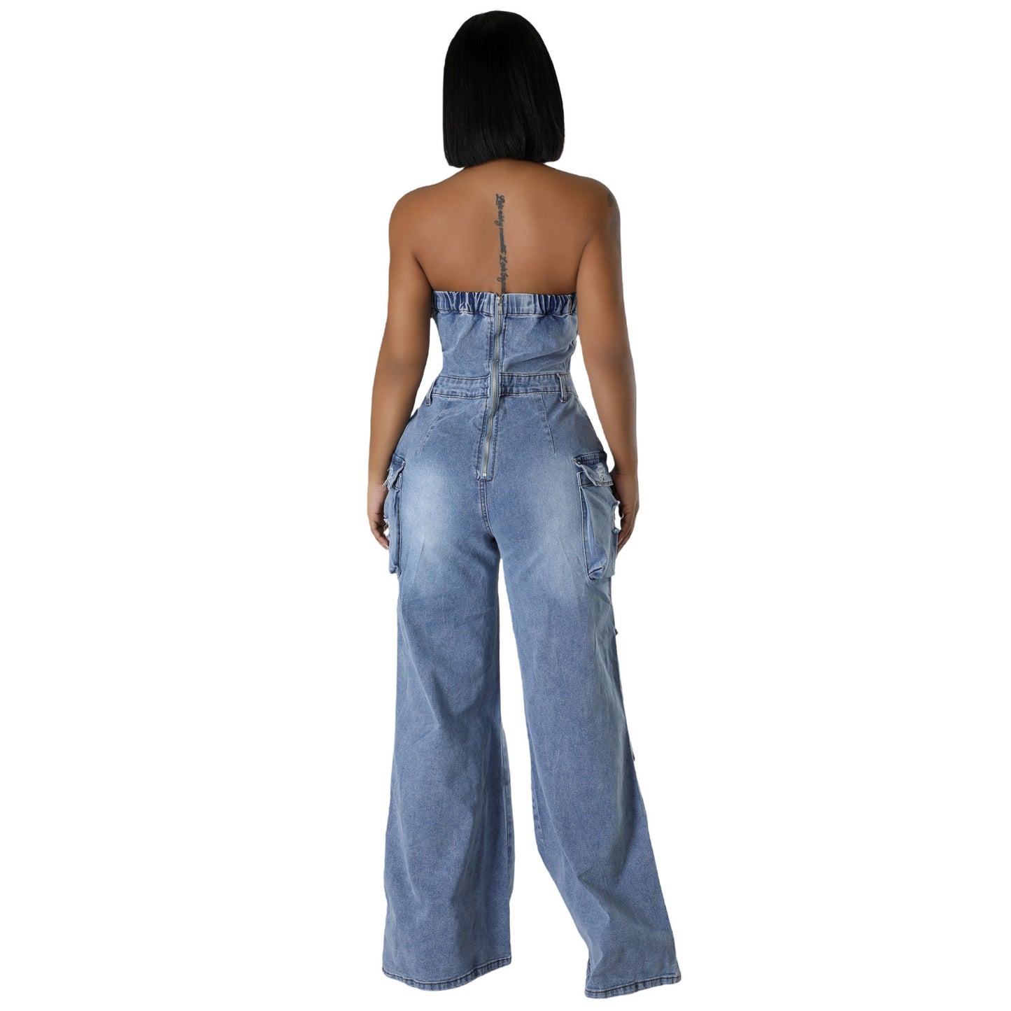 Denim Faded Washed Sleeveless Ripped Button-Up Women's Cargo Multi-Pocketed Tube Top Jeans Jumpsuit