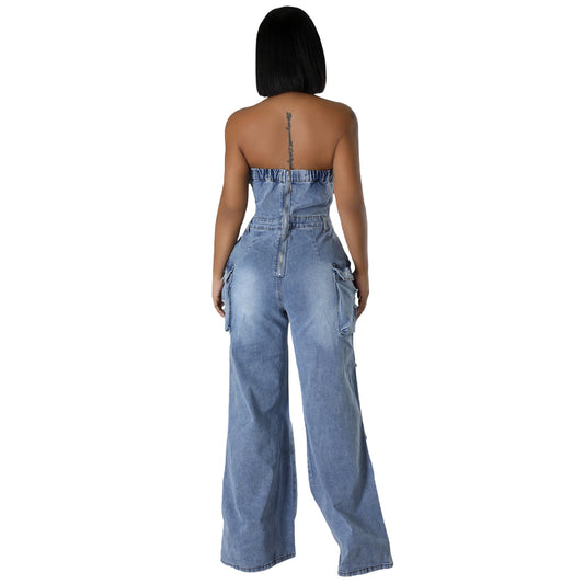 Denim Faded Washed Sleeveless Ripped Button-Up Women's Cargo Multi-Pocketed Tube Top Jeans Jumpsuit