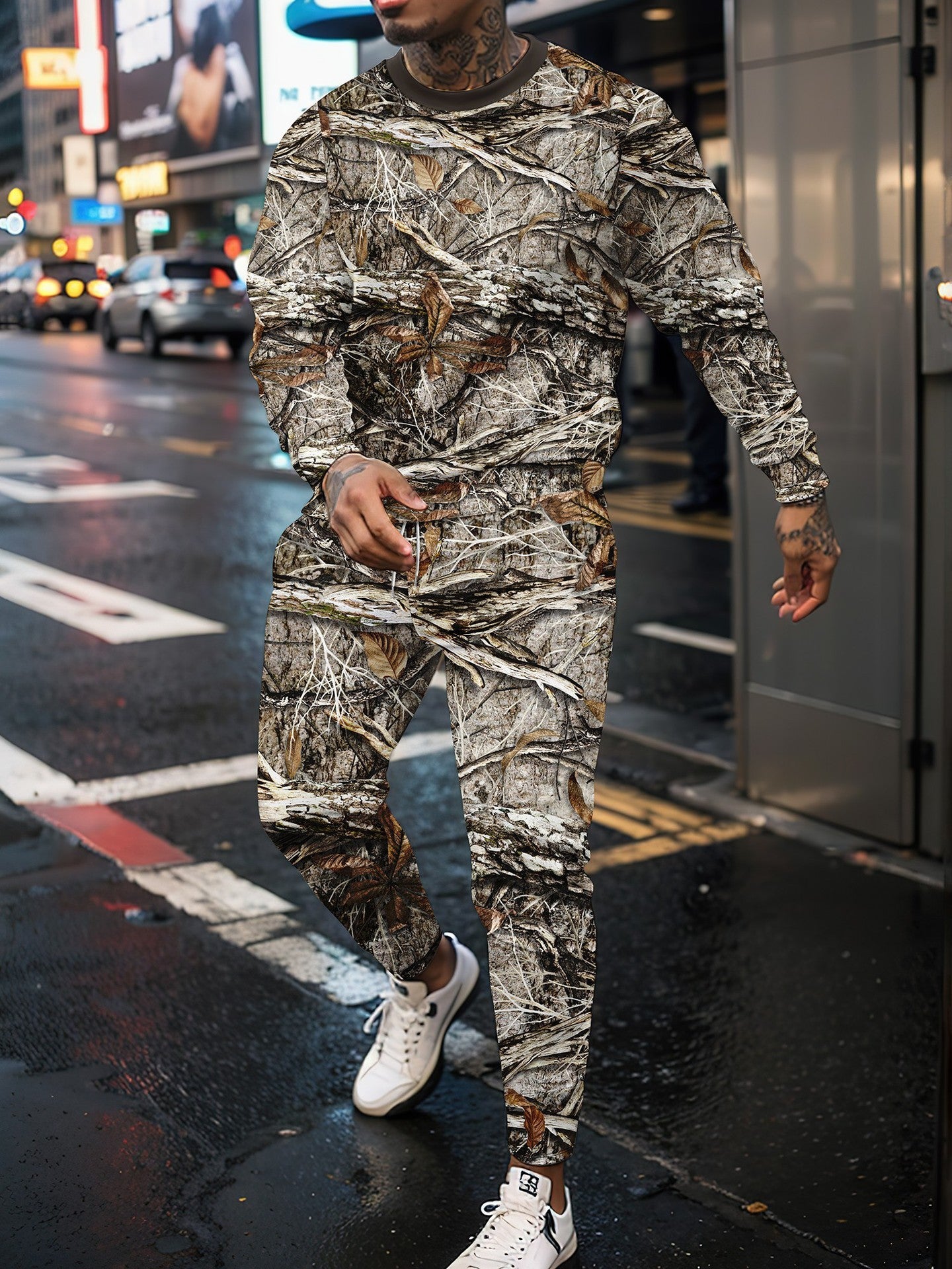 Men's Camo Geometric Fall Leaf Print O-Neck Long Sleeve Sweatshirt + Skinny Jogger Sweatpants Tracksuit to 6X Big & Tall