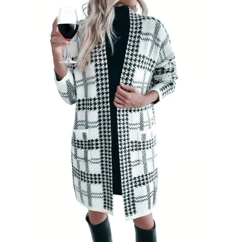 Plaid Houndstooth Print Knitted Pocketed Women's Long Sleeve Maxi Sweater