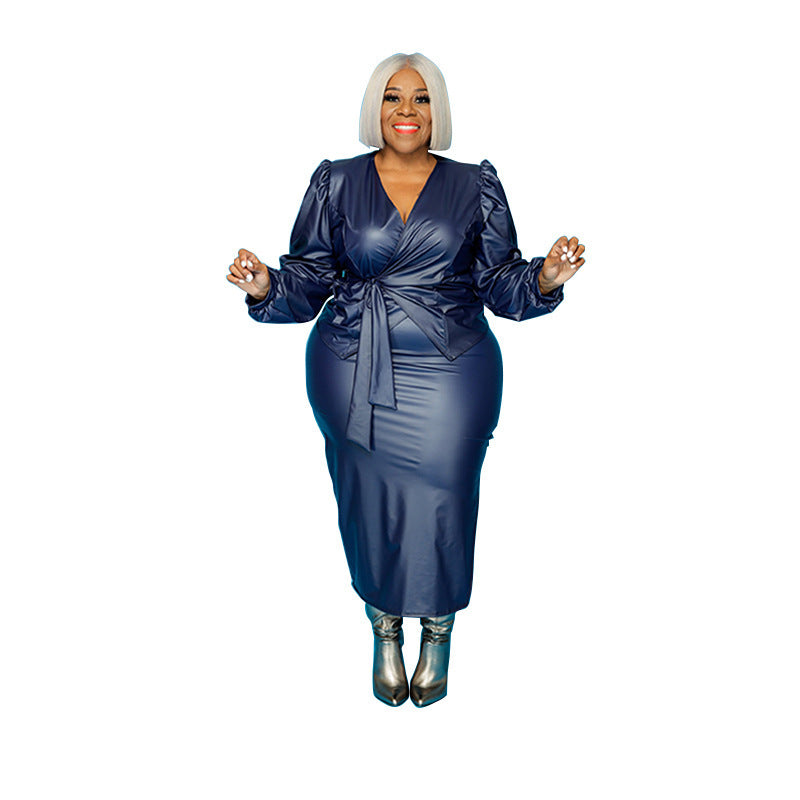 PU Leather Ruched Long Balloon Sleeve Sleeve Solid Color Women's Maxi Dress w/ Sash Belt to 5X Plus Size