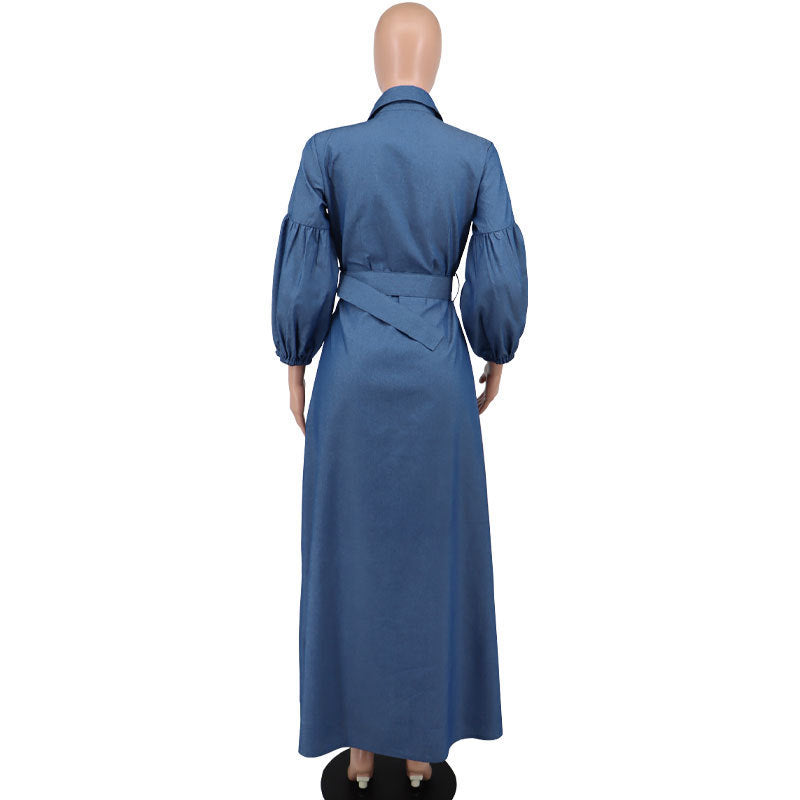 Blue Denim Button-Up Long Balloon Sleeve Maxi Jean Dress