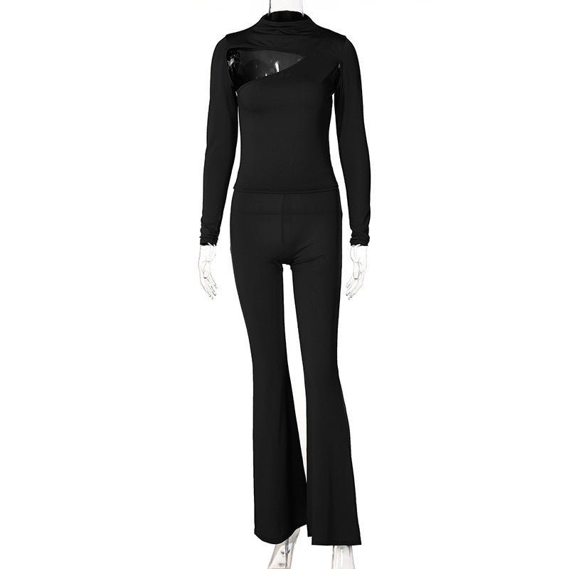 Women's Solid Color Slim Fit Long Sleeve Flared Pants Casual Suit
