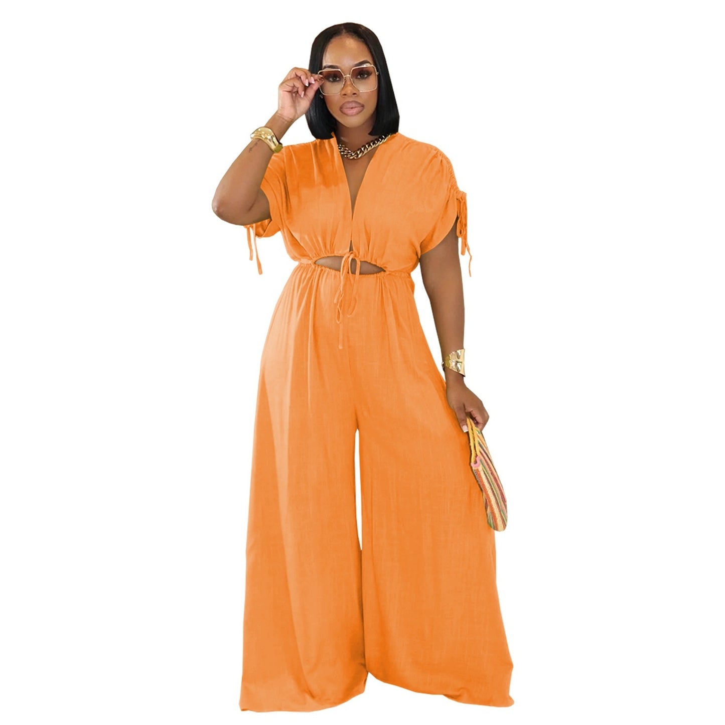 Drawstring V-Neck Solid Color Women's Casual Lace-Up Elastic Waist Wide Leg Jumpsuit