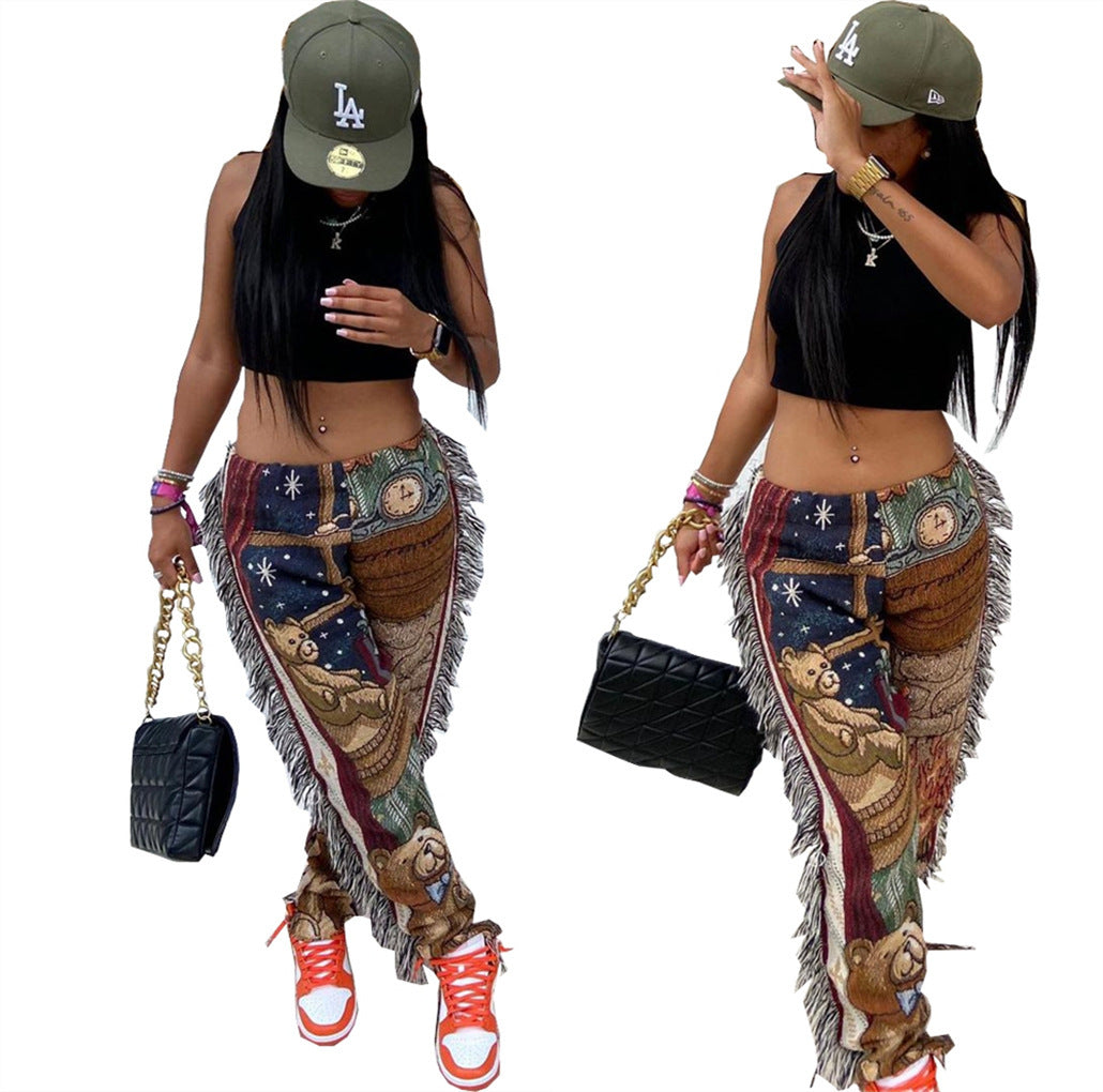 Tassel Fringe Cartoon Print Casual Women's Pants